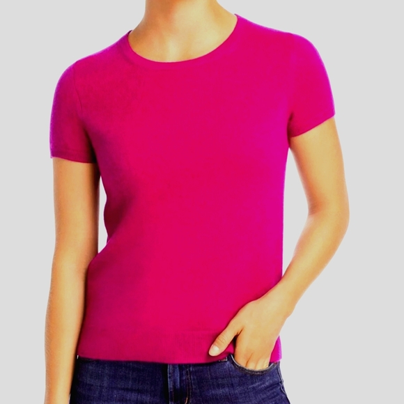 NWT Neiman Marcus Fuschia Cashmere Short Sleeve Sweater-Womens Large - Picture 1 of 6